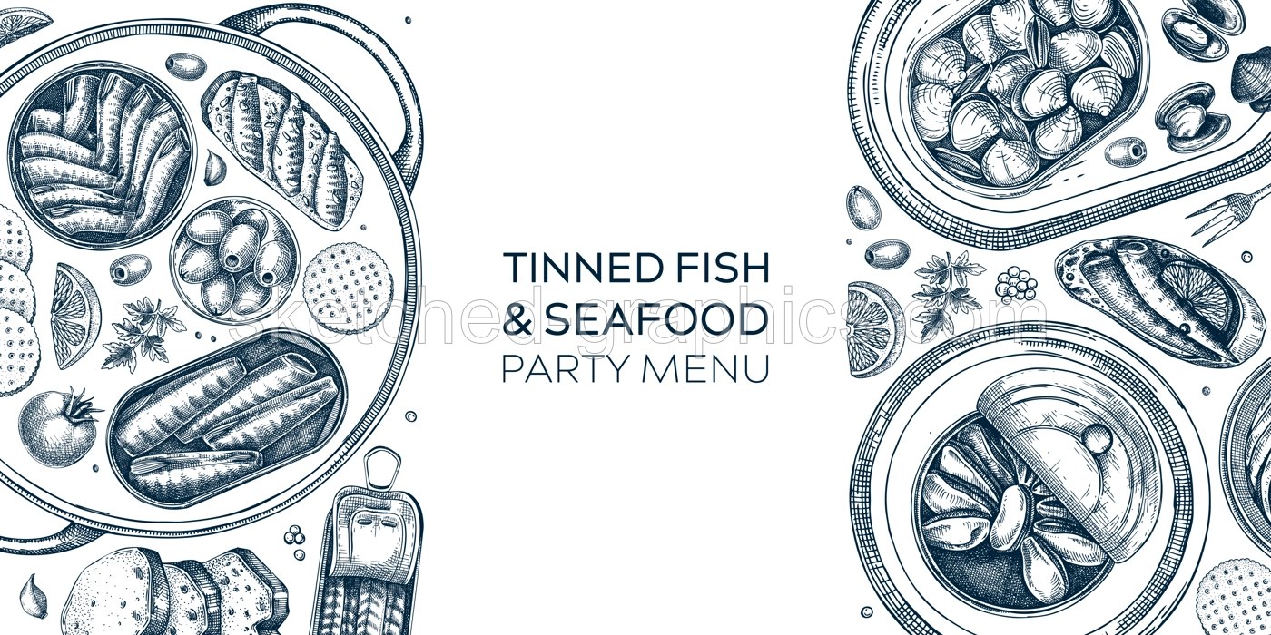 Hand drawn canned fish border design. Vector seafood background. Sardines, anchovy, mackerel, tuna, mussels in tin cans, fish canapes, olives, crackers and lemons sketches.  Illustration